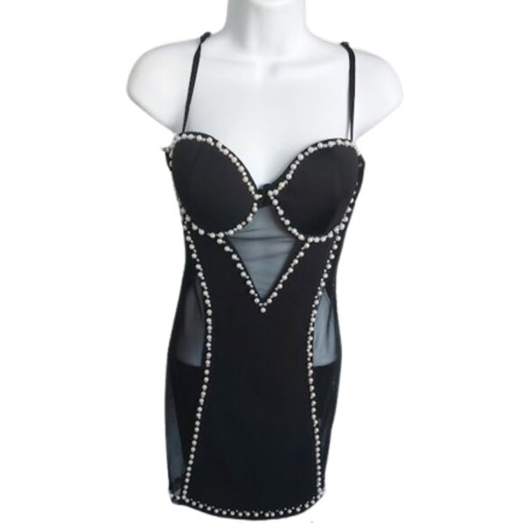 Sexy Black Mini Dress with Pearls Fits Size Small - Picture 1 of 4